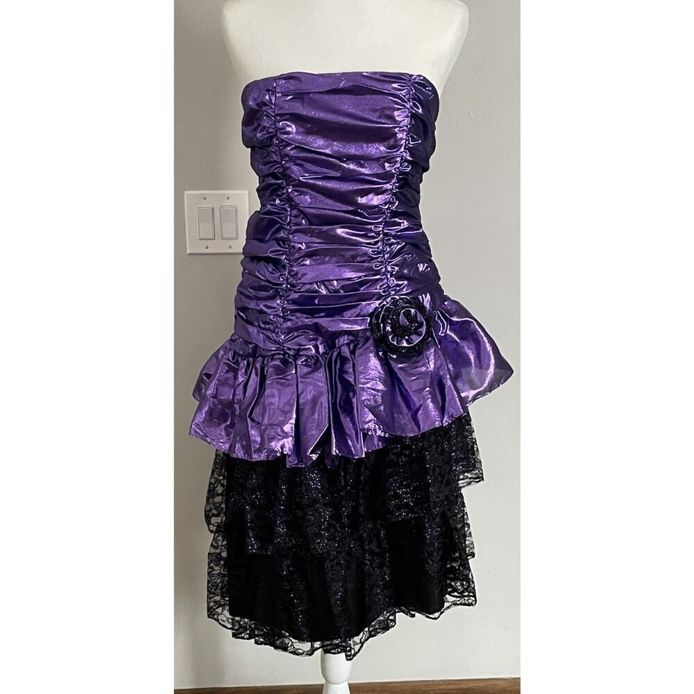 Vtg 80s 90s Purple Metallic Iridescent Foil Lace Prom Gown Party Dress Gothic